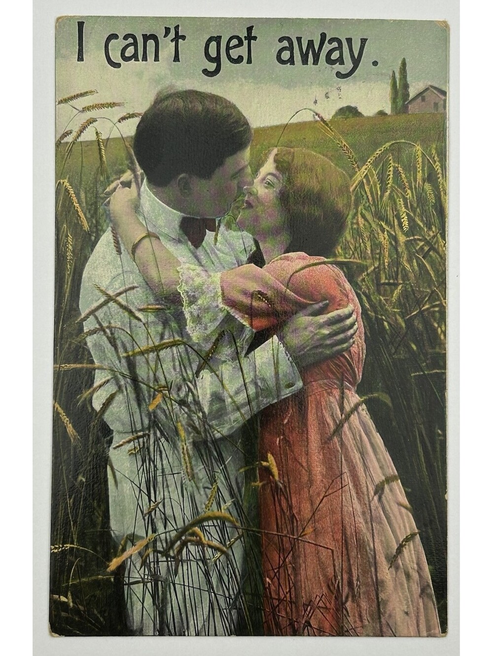 Vintage Postcard Couple Kissing in Wheat Field Romance "I can't get away"   E-12